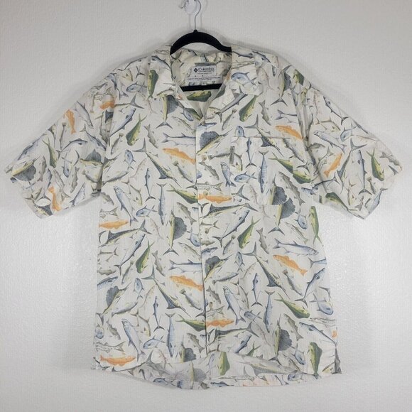 Columbia Fish Button Down Shirt Men Large Short Sleeve White Cotton AOP Nautical - Picture 1 of 13